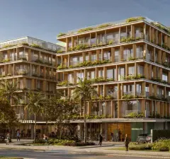 fachada render ângulo alternativo 2 blocos ripas madeira varandas vegetação lojas café calçada — Óppera Smart Life em Campeche, Florianópolis