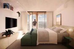 suíte cama casal sofá verde rack TV prateleiras varanda vidro pessoa varanda vista cidade paisagem — Óppera Smart Life em Campeche, Florianópolis