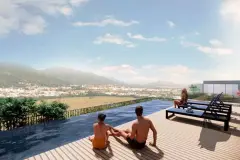 piscina rooftop deck madeira espreguiçadeiras casal vista panorâmica montanhas campos vegetação Campeche — Óppera Smart Life em Campeche, Florianópolis
