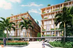 fachada render 2 blocos frente jardim palmeiras trilho ciclovia pedestres portaria — Óppera Smart Life em Campeche, Florianópolis