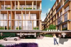 fachada render praça central pilotis passagem café lojas pedestres carros lavanda Óppera logo — Óppera Smart Life em Campeche, Florianópolis