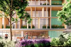 fachada render ângulo jardim lavanda pedestres café lojas pilotis varandas vegetação verde — Óppera Smart Life em Campeche, Florianópolis