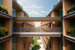 passarela aérea entre 2 blocos corredor madeira casal vista montanhas pátio interno palmeiras — Óppera Smart Life em Campeche, Florianópolis