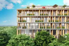 fachada detalhe varandas ripas madeira floridas flores amarelas vermelhas jardins céu azul — Óppera Smart Life em Campeche, Florianópolis