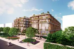 fachada render ângulo lateral jardim palmeiras ciclovia pedestres bicicleta lojas — Óppera Smart Life em Campeche, Florianópolis