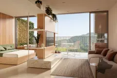 studio integrado cama sofá mesa jantar cozinha armários madeira varanda vidro vista montanhas verde — Óppera Smart Life em Campeche, Florianópolis