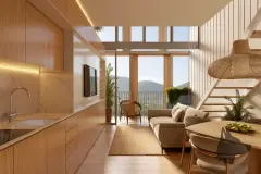 living loft duplex pé direito alto cozinha armários madeira sofá mesa jantar varanda vidro vista montanhas escada — Óppera Smart Life em Campeche, Florianópolis