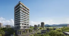 fachada render frontal torre 14 andares varandas venezianas brancas jardim árvores bairro Agronômica lagoa montanhas — Opus em Agronômica, Florianópolis