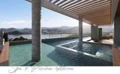 spa piscina externa rooftop pergolado madeira pilares concreto borda infinita azulejo turquesa vista lagoa montanhas texto cursivo — Opus em Agronômica, Florianópolis