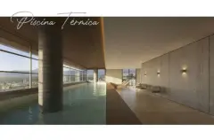 piscina térmica interna coberta salão pilares concreto espreguiçadeiras cadeiras vista panorâmica cidade montanhas texto cursivo — Opus em Agronômica, Florianópolis
