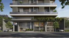 fachada render térreo portaria lojas café logo Opus jardinagem carros Tesla calçada — Opus em Agronômica, Florianópolis