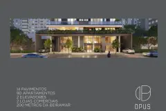 infográfico fachada portaria noturna dados empreendimento 14 pavimentos 90 apartamentos 2 elevadores 2 lojas 200 metros Beiramar logo Opus — Opus em Agronômica, Florianópolis