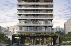 fachada render frontal torre 14 andares varandas venezianas jardim árvores rua portaria logo Opus ângulo alternativo — Opus em Agronômica, Florianópolis
