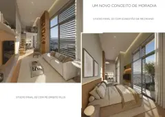 colagem 2 fotos studio pé direito alto mezanino escada madeira living sofá branco varanda vista lagoa e suíte cama closet venezianas vista lagoa — Opus em Agronômica, Florianópolis