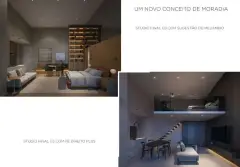 colagem 2 fotos studio escuro mezanino closet iluminado cama superior e studio sala jantar mesa preta cadeiras sofá TV pendentes — Opus em Agronômica, Florianópolis