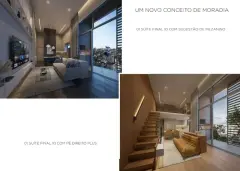 colagem 2 fotos suíte 01 living TV sofá azul noturno varanda vista cidade e mezanino escada sofá mostarda poltrona cozinha fundo varanda — Opus em Agronômica, Florianópolis