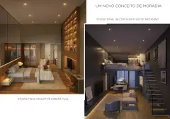 colagem 2 fotos suíte 06 quarto cama casal closet madeira iluminado espelho e mezanino escada living sala jantar sofás poltronas varanda — Opus em Agronômica, Florianópolis