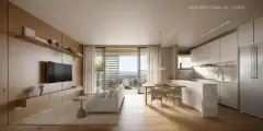 living integrado 2 suítes sofá bege cozinha ilha mármore bancada cadeiras rack TV madeira varanda vista montanhas — Opus em Agronômica, Florianópolis