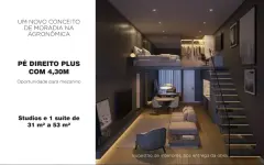 infográfico pé direito plus 4,30m mezanino living sala jantar escada studios 1 suíte 31m² a 53m² — Opus em Agronômica, Florianópolis