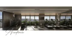 academia equipamentos esteiras bicicletas elípticos musculação janelas vista lagoa montanhas texto cursivo — Opus em Agronômica, Florianópolis