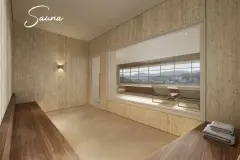 sauna interna revestimento travertino banco madeira toalhas espelho janela vista piscina térmica montanhas texto cursivo — Opus em Agronômica, Florianópolis