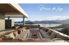 praça de fogo rooftop sofás embutidos concreto madeira fire pit central vista lagoa montanhas ilhas texto cursivo — Opus em Agronômica, Florianópolis