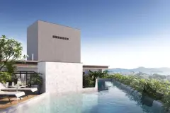 piscina rooftop borda infinita ângulo alternativo vegetação tropical palmeiras vista mar montanhas — Opus One em Cachoeira do Bom Jesus, Florianópolis