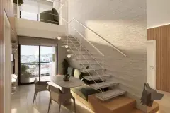 loft duplex sala jantar mesa oval cadeiras escada metálica mezanino sofá verde varanda — Opus One em Cachoeira do Bom Jesus, Florianópolis