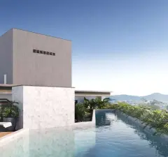 piscina rooftop borda infinita ângulo frontal vegetação tropical vista mar montanhas — Opus One em Cachoeira do Bom Jesus, Florianópolis