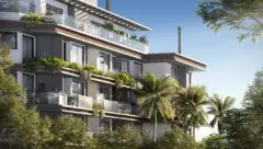 fachada render lateral varandas jardins vegetação palmeiras coqueiros 5 andares — Opus One em Cachoeira do Bom Jesus, Florianópolis