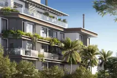 fachada render frontal varandas jardins vegetação palmeiras totem Opus One portaria calçada — Opus One em Cachoeira do Bom Jesus, Florianópolis