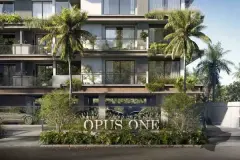 fachada render frontal portaria totem Opus One letras jardins palmeiras varandas vegetação — Opus One em Cachoeira do Bom Jesus, Florianópolis