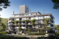 fachada render frontal edifício 5 andares varandas jardins palmeiras rooftop coqueiros — Opus One em Cachoeira do Bom Jesus, Florianópolis