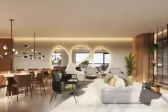 salão de festas lounge sofá branco poltronas verdes mesas jantar janelas orgânicas pendente ripas madeira — Opus One em Cachoeira do Bom Jesus, Florianópolis