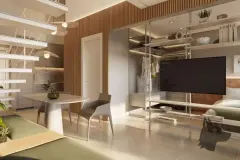 studio duplex jantar mesa redonda cozinha closet aberto TV cama varanda escada mezanino — Opus One em Cachoeira do Bom Jesus, Florianópolis