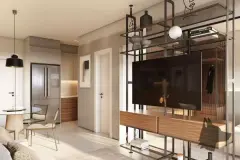 studio integrado TV rack prateleiras abertas closet jantar mesa cadeiras cozinha geladeira pendente preto — Opus One em Cachoeira do Bom Jesus, Florianópolis