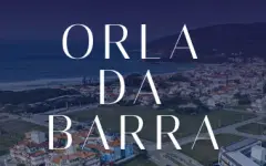 Logotipo do empreendimento Orla da Barra sobre fundo escuro com vista aérea da praia ao entardecer — Orla da Barra em Barra da Lagoa, Florianópolis