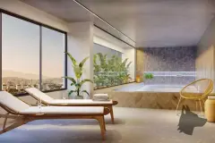 spa hidromassagem interno espreguiçadeiras madeira banheira azulejo madeira espelhado vista cidade montanhas pôr-do-sol — Orquídea Branca em Canto, Florianópolis