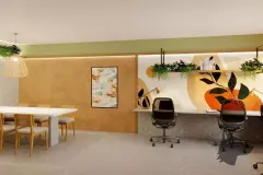 coworking mesas brancas cadeiras ratan pendente quadro orquídea prateleiras plantas iluminação LED — Orquídea Branca em Canto, Florianópolis