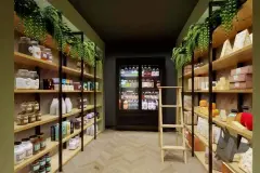 mercado interno prateleiras madeira produtos orgânicos geladeira bebidas escada plantas — Orquídea Branca em Canto, Florianópolis
