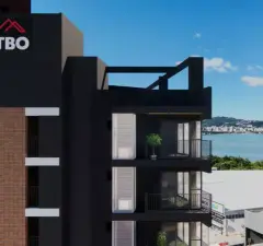 fachada render ângulo superior cobertura terraço varandas venezianas torre preta tijolo vista Baía Sul Florianópolis logo TBO — Park View Residence em Coqueiros, Florianópolis