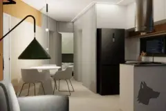 living jantar integrado mesa redonda branca cadeiras cinza metal pendente cônico verde geladeira preta coifa cooktop bege parede madeira — Park View Residence em Coqueiros, Florianópolis