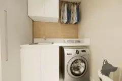área de serviço lavanderia máquina lavar tanque cabideiro armário superior branco madeira bege — Park View Residence em Coqueiros, Florianópolis