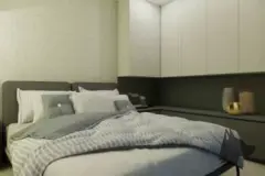 dormitório suíte render cama casal cinza armários brancos nicho escuro abajur mesa bege — Park View Residence em Coqueiros, Florianópolis
