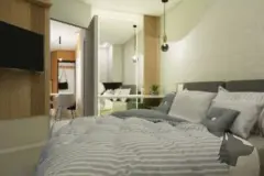 dormitório suíte render cama casal cinza ripas madeira espelho camarim pendentes dourados TV parede vista living — Park View Residence em Coqueiros, Florianópolis