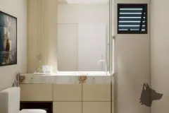 banheiro render bancada mármore dourado cuba embutida torneira branca box vidro janela veneziana quadro tela marinho bege — Park View Residence em Coqueiros, Florianópolis