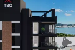 fachada render ângulo superior torre preta tijolo varandas venezianas logo TBO vista Baía Sul Florianópolis ângulo alternativo — Park View Residence em Coqueiros, Florianópolis