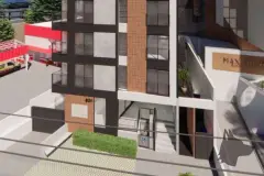 fachada render frontal ângulo street view torre 10 andares tijolo preto branco portaria número 926 Max Town palmeira — Park View Residence em Coqueiros, Florianópolis