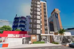 fachada render frontal torre 10 andares tijolo aparente branco preto portaria palmeira rua contexto urbano — Park View Residence em Coqueiros, Florianópolis
