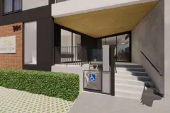 portaria render entrada térreo logo Park View Residence número 926 rampa acessível cadeira rodas cobertura madeira sebe escada — Park View Residence em Coqueiros, Florianópolis